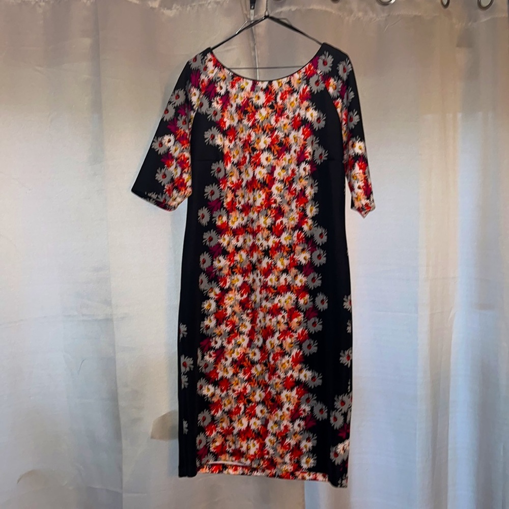 Black floral dress. Zipper in back, mid length sleeve.